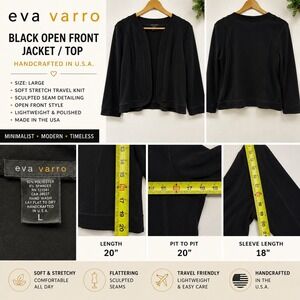 Eva Varro Black Open Front Jacket Top USA Made Size L Minimalist Balero Travel